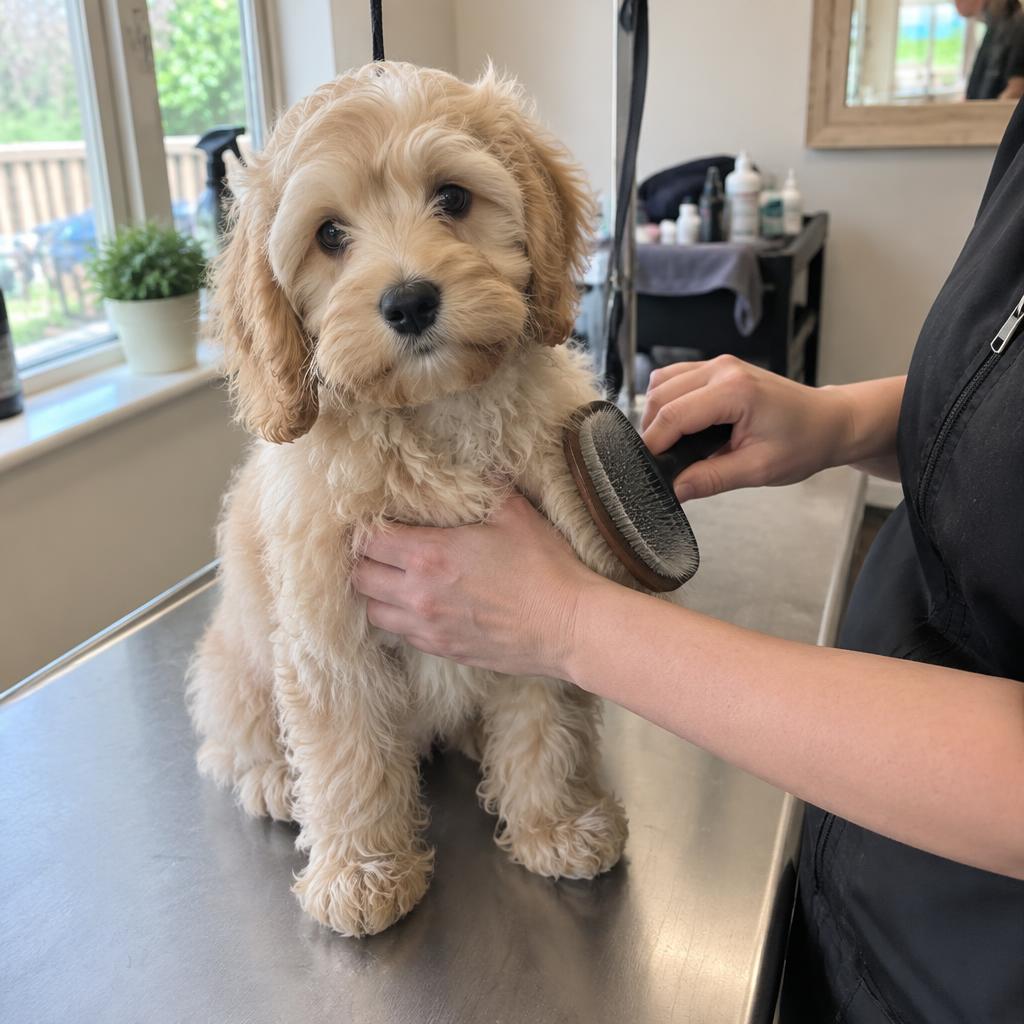 Puppy being gently brushed on the grooming table